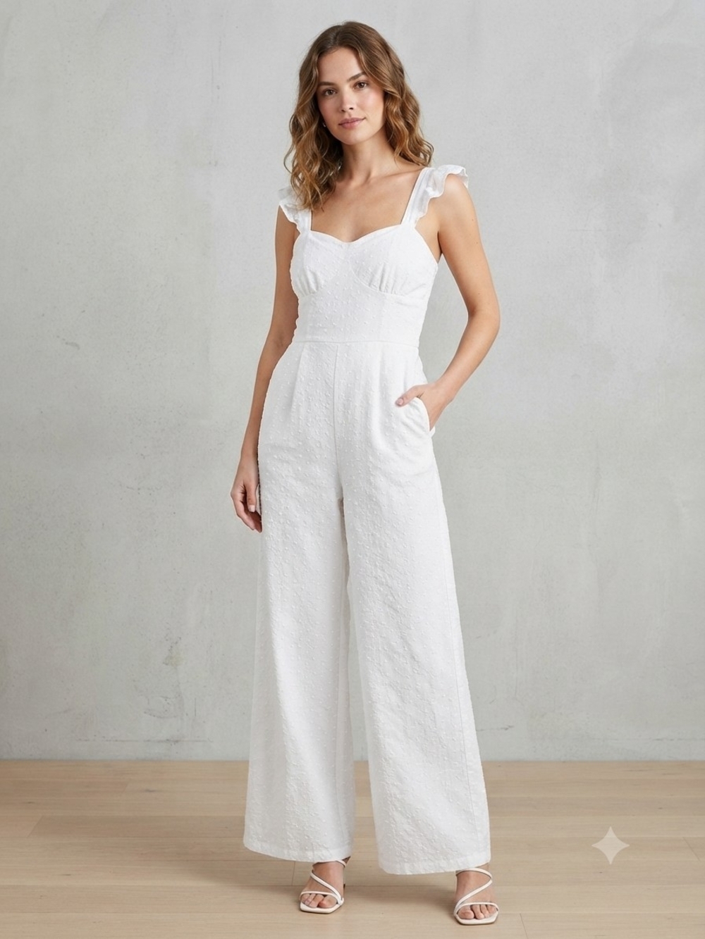 Japna White Eyelet Swiss Dot Ruffle Strap Cami Jumpsuit Size Small Cottagecore